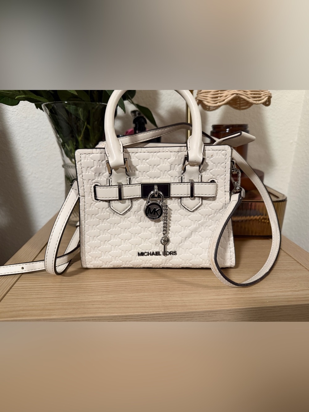 Michael Kors White Logo-Embossed Satchel with Silver Hardware